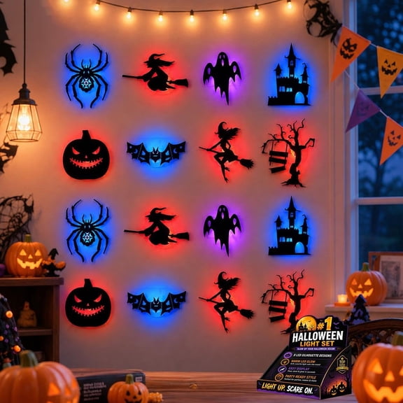 Halloween Silhouette Spooky Decorations with Colorful Backlit Glow Spider Witch Bat Ghost Pumpkin Designs for Indoor Party Home
