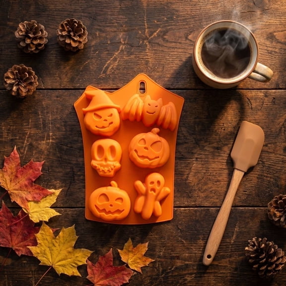 Halloween Silicone Baking Mold with Pumpkin Ghost Skeleton Bat Shapes, 6 Cavity Non-Stick Chocolate Candy Cake Mould, Multipurpose DIY Casting Mold for Epoxy Resin Soap Plaster Halloween Decor
