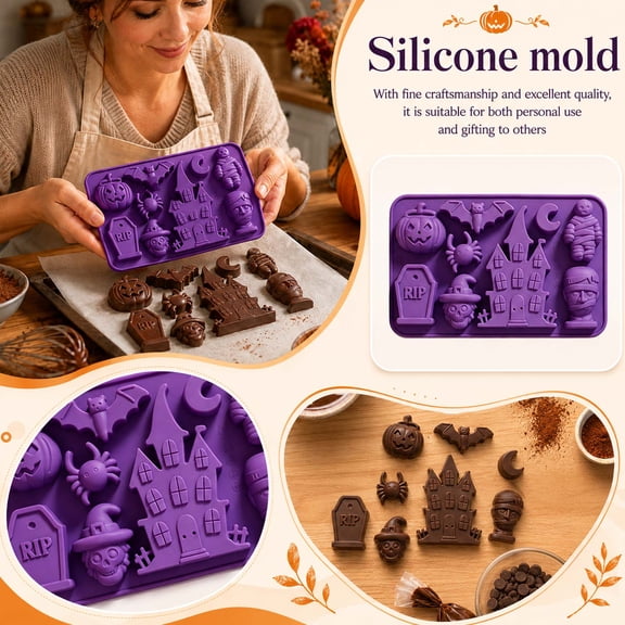 Halloween Silicone Chocolate Mold, Non-Stick Candy Making Baking Tray with Pumpkin Bat Spider Coffin Haunted House Shapes for DIY Treats1pc
