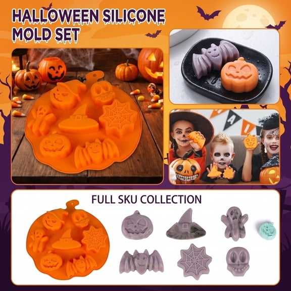 Halloween Silicone Mold with 7-Cavity Pumpkin Shape Design, Orange -Grade Silicone, for Baking, Resin Casting, and Chocolate Making