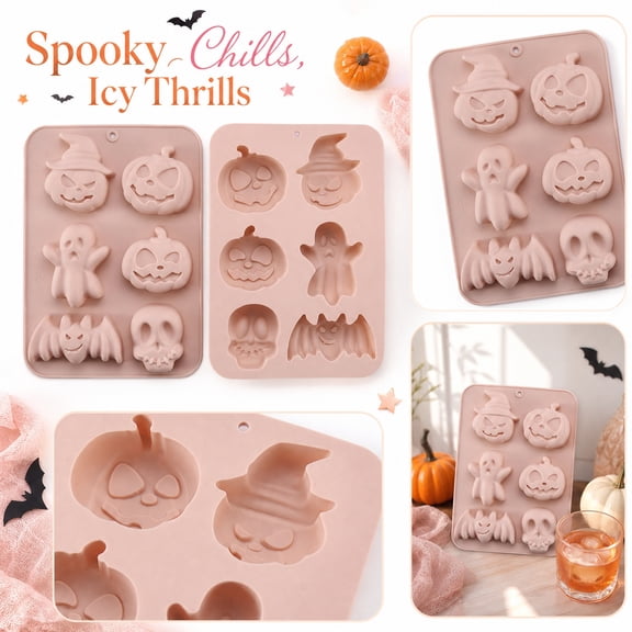 Halloween Silicone Molds, Halloween Candy Molds, Silicone Ice Trays for Freezer, Silicone Molds for Baking, 2 Pcs 8X6 Inch Pink Halloween Themed Molds with Pumpkin, Ghost, Skull