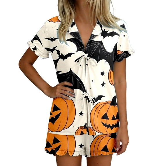 Halloween Silk Pajamas Women Elegant Women's Pajama Set for Home Comfort with Short Sleeve Top and Shorts Featuring Allover Print Nightwear for Relaxing Lounging White XL