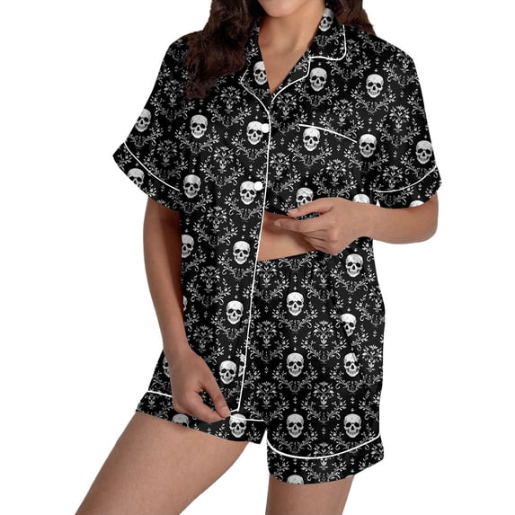 Halloween Silk Pajamas Women Fashion Casual Two Piece Set for Women V-Neck Short Sleeve Sleepwear Comfortable Loungewear for Everyday Holiday and Travel XL