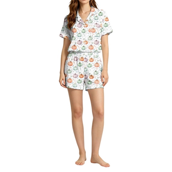 Halloween Silk Pajamas Women Halloween Print Loungewear Pajama Set for Home Comfort Women Casual Sleepwear Seasonal White XL