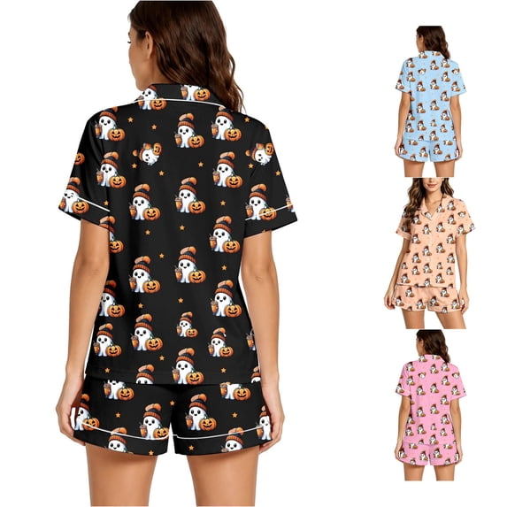 Halloween Silk Pajamas Women Halloween Print Pajama Set with Collared Short Sleeve Top and Shorts for Cozy Sleepovers and Relaxation Women’s Sleepwear Black L