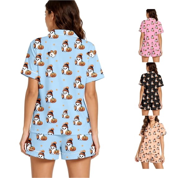 Halloween Silk Pajamas Women Halloween Print Pajama Set with Collared Short Sleeve Top and Shorts for Cozy Sleepovers and Relaxation Women’s Sleepwear Blue XXL