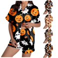 thumbnail image 1 of Halloween Silk Pajamas Women Pajama Set for Women Silk Satin Short Sleeve Button Up Top and Shorts with Halloween Print for Cozy Sleepwear and Elegant Black L, 1 of 7