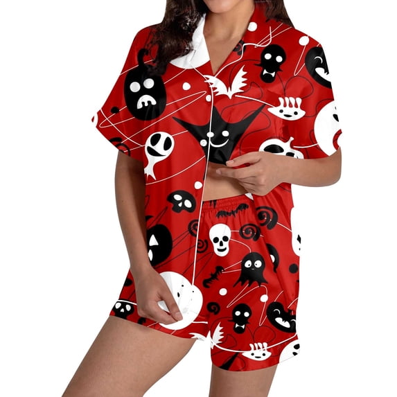 Halloween Silk Pajamas Women Satin Pajama Sets for Home Comfort Halloween Print Short Sleeve Two Piece Out with Cozy Patchwork Pattern for Relaxing Nights and Seasonal Loungewear Red S