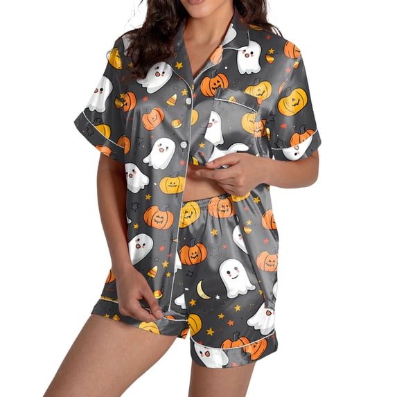 Halloween Silk Pajamas Women Shorts Suit Casual Set for Everyday Wear with Halloween Print 2 Piece Out Versatile Seasonal Comfort and Easy Matching Black XXL