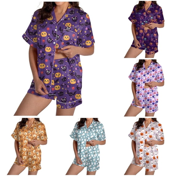 Halloween Silk Pajamas Women Shorts Suit Two Piece Set for Women Short Sleeve V Neck Casual Matching Out for Everyday Wear Blue XL