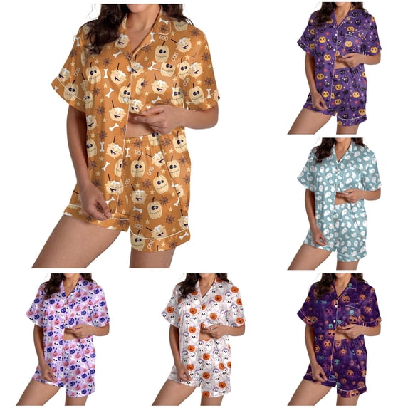 Halloween Silk Pajamas Women Shorts Suit Two Piece Set for Women Short Sleeve V Neck Casual Matching Out for Everyday Wear Yellow M