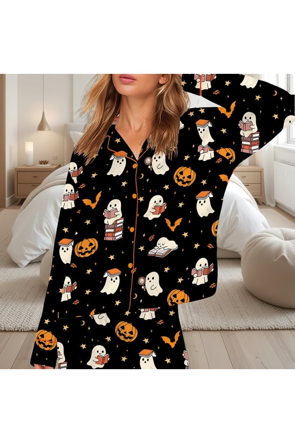 Halloween Silky Satin Pajama Set for Women, Cute Ghost Reading Book and Pumpkin Print PJs, Book Lover Long Sleeve Button Down Sleepwear, Spooky Bookish Gift X-Large