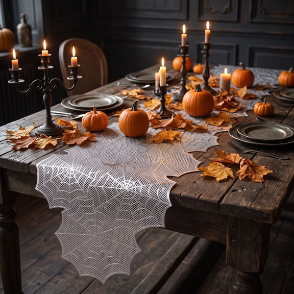 Halloween Silver Hollow Spider Web Table Runner, Silver Pvc Waterproof Heat Resistant Scalloped Edge Easy Clean Table Decor for Indoor Kitchen Dining Halloween Holiday Party Tabletop Ornament