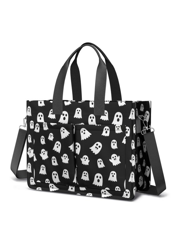 Halloween Simple White Ghost Silhouette Canvas Messenger Tote Bag, Teacher Tote with Multi Pockets & Removable Strap, Magnetic Closure Gifts for Work Travel Shopping
