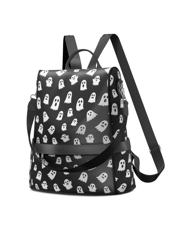 Halloween Simple White Ghost Silhouette Fashion Backpack, Work Travel Rucksack with Side Bottle Pockets & Convertible Strap, Water Repellent Polyester Gifts for Work Travel Shopping