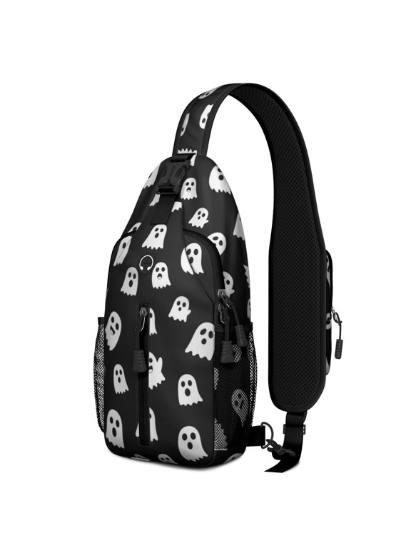Halloween Simple White Ghost Silhouette Sling Backpack, Cycling Sling Bag with Earphone Port, Multi Pocket Design Gift Ideas for Hiking Cycling Walking