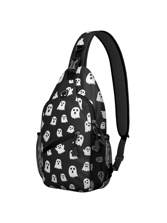 Halloween Simple White Ghost Silhouette Sling Backpack, Unisex Cycling Crossbody Bag with Side Mesh Pockets, Adjustable Ambidextrous Strap Gift Ideas for Holiday Birthday Gifts