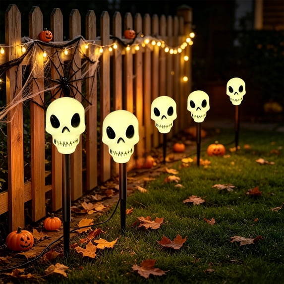 Halloween Simple White Skull Pathway Stake Lights LED Skeleton Head Ground Marker String Lights Waterproof Outdoor Graveyard Lawn Decor