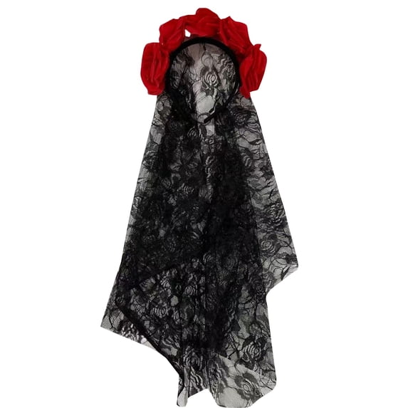 Halloween Simulation Flower Headband for Women with Bride Rose Lace Mesh Cosplay Costume Headwear Accessories Day of The Dead Headband 1 PC Red One Size