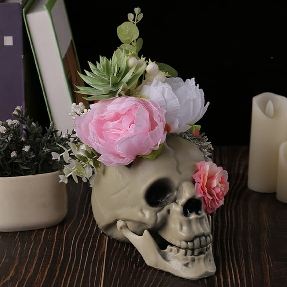 Halloween Simulation Skull Prop, Horror Chamber Sunflower Ghost Head Venue Decoration, White Skull with Butterflies Ornament