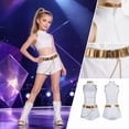 thumbnail image 1 of Halloween Singer Costume - Gi"rl"s Popular Star Fancy Dress Cosplay Costume, White & Gold Sleeveless Crop Top and Shorts with Wide Gold Chain Belt for Halloween Night, Size:110, 1 of 4