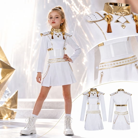 Halloween Singer Costume - Gi"rl"s White Gold Cosplay Fancy Dress Outfit Set, Long Sleeve Stand Collar Top with Pleated Skirt, Tassel Epaulet Chain Decor for Halloween Party Night, Size:110