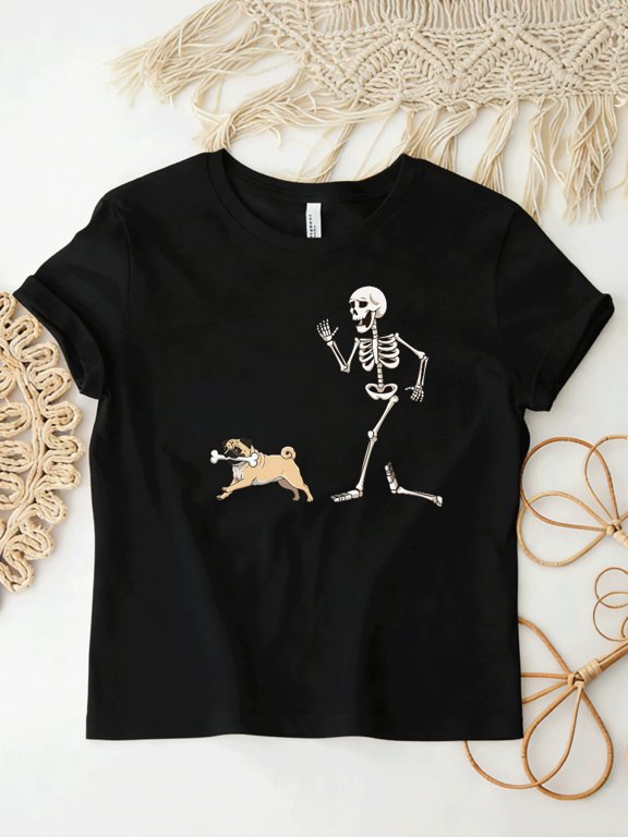Halloween Skeleton And Pug Dog Holiday Vintage Grunge Y2K Graphic Short Sleeves Crewneck Cotton Unisex Men's Women's Tee Shirt