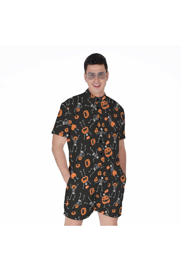 Halloween Skeleton And Pumpkin Short Sleeve Men'S Rompers, Halloween Decorative Casual Summer Jumpsuits Outfit