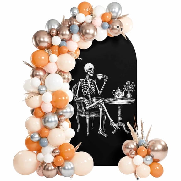 Halloween Skeleton Arch Backdrop Cover 4 FT, Victorian Elegant Skull Tea Time Black Wedding Arch Cover Stretchy Backdrop Stands Covers for Birthday Party Ceremony Banquet Decor