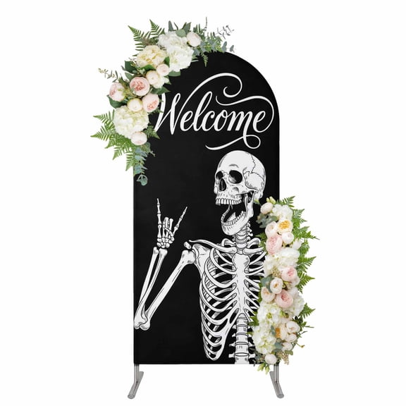 Halloween Skeleton Arch Backdrop Cover 5FT, Fall Spooky Horror Skull Black Spandex Fitted Stretchy Arch Stand Covers, Round Top Chiara Backdrop Cover for Wedding Party Birthday Baby Shower