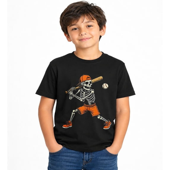 Halloween Skeleton Baseball Batter Graphic T-Shirt for Boys, Fun Spooky Short Sleeve Shirt for Fall