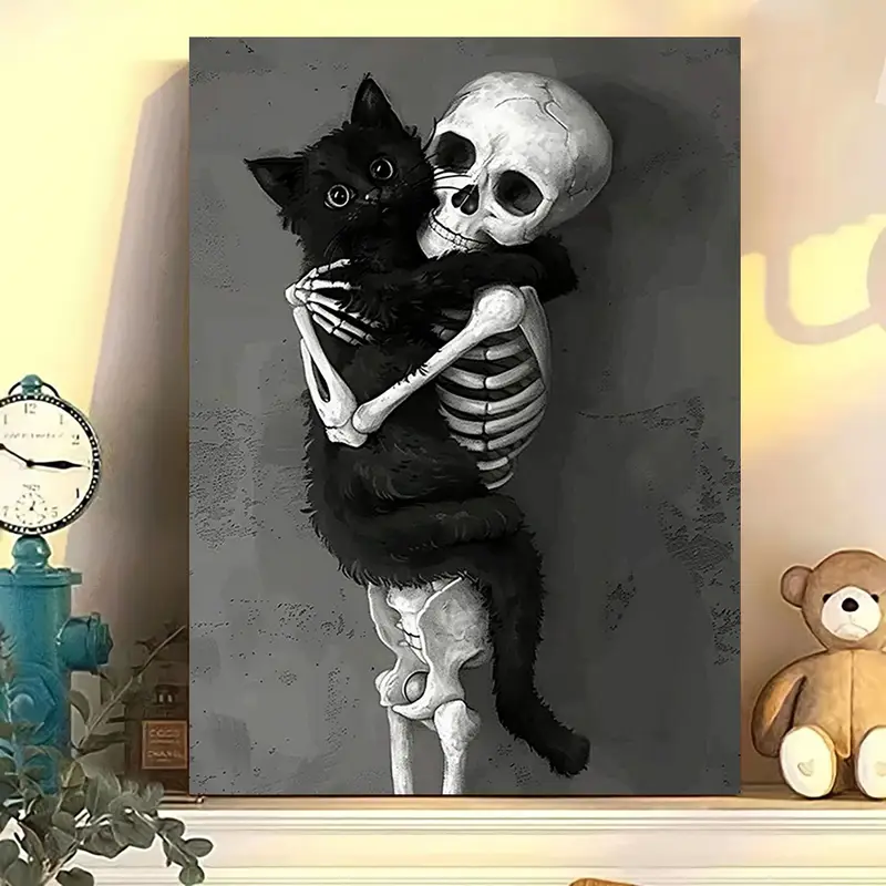 Halloween Skeleton and Black Cat Canvas Wall Art Gothic Spooky Haunted ...