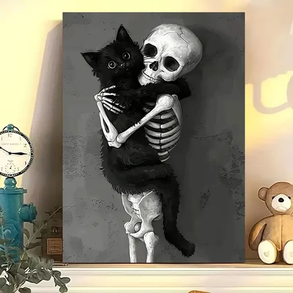 Halloween Skeleton and Black Cat Canvas Wall Art Gothic Spooky Haunted Night Framed Canvas Print Seasonal Wall Decor for Living Room Bedroom Decoration