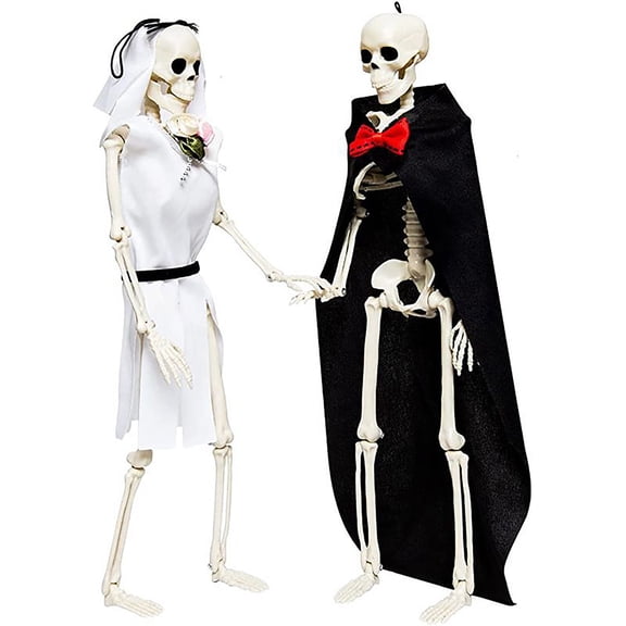 Halloween Skeleton Bride & Groom Set, 15.7" Poseable Wedding Skeleton Couple, Fun Halloween Decorations for Haunted House