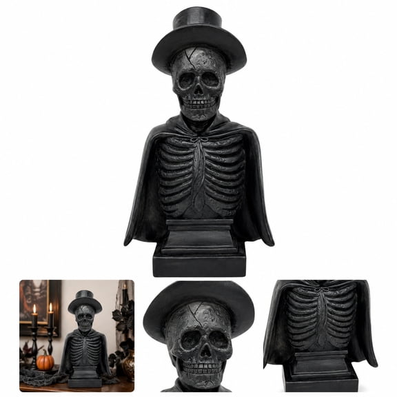 Halloween Skeleton Bust Decor, Resin Skull Statue with Top Hat and Cape, Antique Ivory Gothic Tabletop Decoration