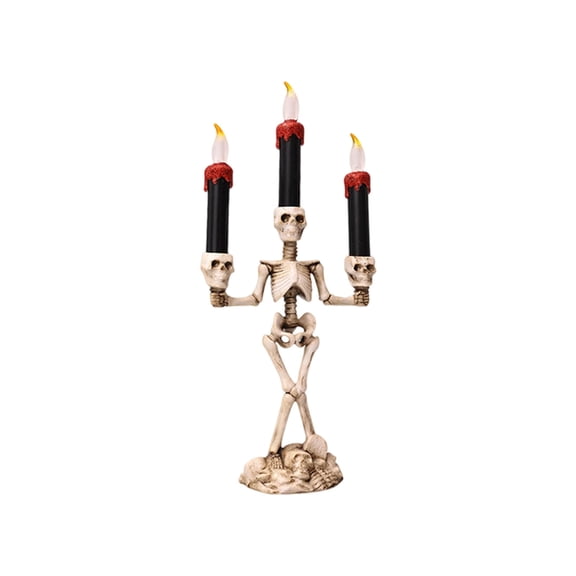 Halloween Skeleton Candelabra Holder 14.17 x 6.3 Inch with LED Flameless Flickering Candles, Battery Operated Dripping Skull Candle for Home Mantel Haunted Mansion, Decorations and Favors, Red