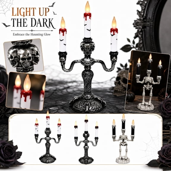 Halloween Skeleton Candelabra With LED Candle, Spooky Skull Tabletop Centerpiece, Gothic Style Flameless Candle Holder For Party Mantel And Decor, 1Pack C
