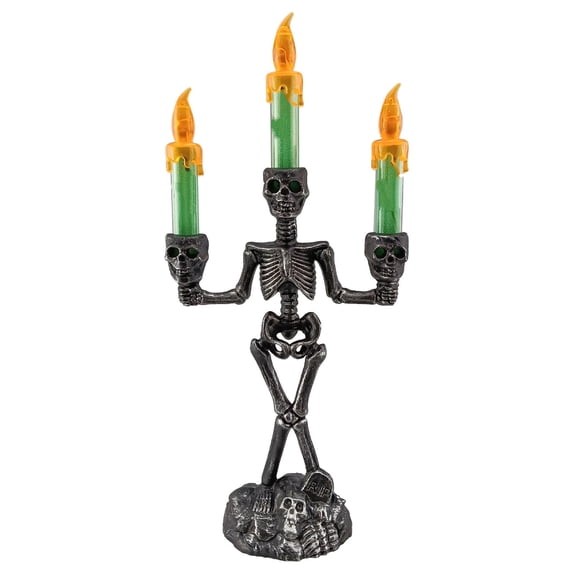 Halloween Skeleton Candelabra with LED Flashing Candles for Tabletop Mantel Decor in Black and Green