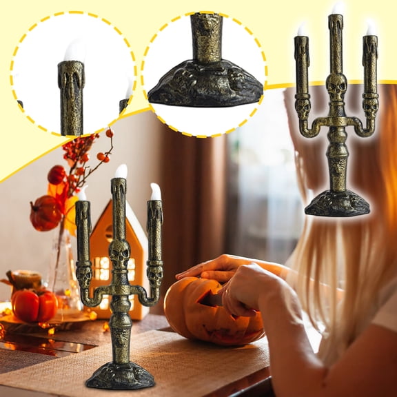 Halloween Skeleton Candle Holder with Flameless LED Light, Spooky Candelabra for Tabletop Decor, Skull Figurine for Home Party Props and Accents, 1Pack A