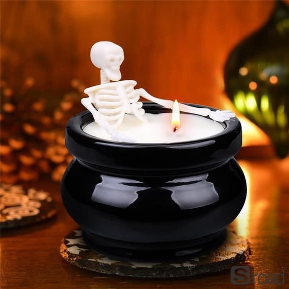 Halloween Skeleton Candle Holders Set, Gothic Soy Wax Candles In Cauldron Cups For Halloween Party Decor, Haunted House Table Centerpiece,Medium,black