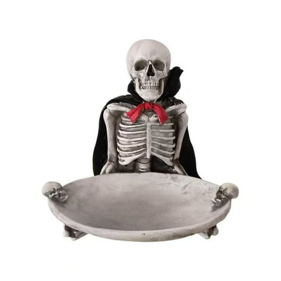 Halloween Skeleton Candy Bowl Holder, Gothic Decorative Tray With Black Cape And Red Bow, Spooky Party Decor