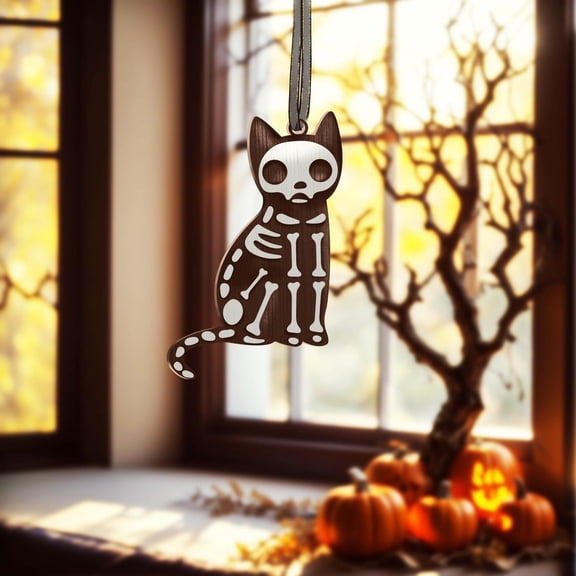 Halloween Skeleton Cat Ornament, Sugar Skull Cat Decoration, Gothic Cat Skeleton, Day of the Dead Pet Ofrenda Ornament