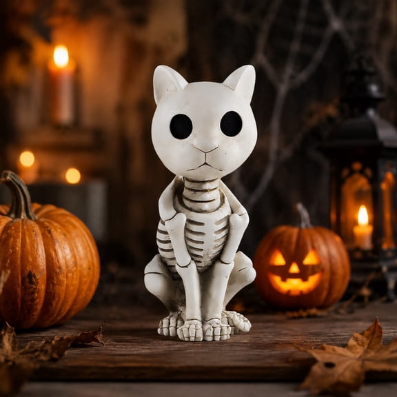 Halloween Skeleton Cat Resin Figurine Desk Decor White 1pc