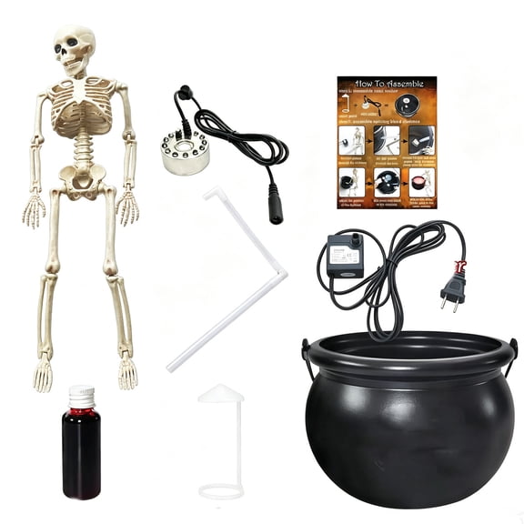 Halloween Skeleton Cauldron LED Light Up Witch Pot, Red Spray Mist Effect with Skeleton, Spooky Kitchen Fireplace Desktop Decor for Halloween Party Indoor Display