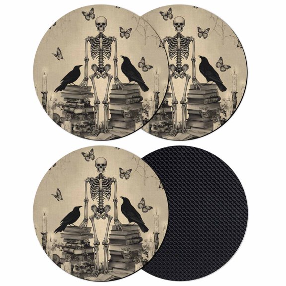 Halloween Skeleton Coasters Set of 4, Absorbent Coasters for Drinks, Butterfly Crow Retro Horror Skull Coaster for Desk Coffee Table Protection, Home Decor House Warming Gifts 4"
