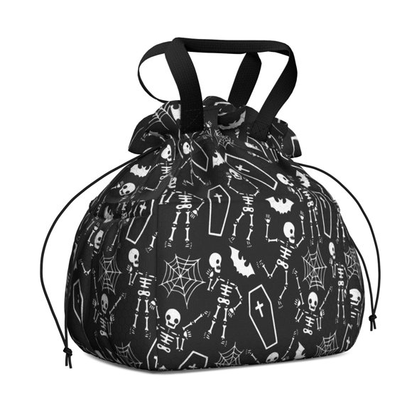Halloween Skeleton Coffin Pattern Drawstring Lunch Bag Women - Drawstring Lunch Bag Insulated for Work Office - Stain-Resistant Large Lunchbags for Women with Multi-Pockets