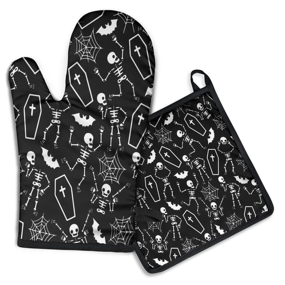 Halloween Skeleton Coffin Pattern Kitchen Oven Mitt and Pot Holder Sets 2 Pcs for Baking, Cooking and Grilling, Heat Resistant Up To 392 °F