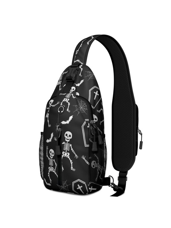 Halloween Skeleton Coffin Pattern Sling Backpack, Casual Day Sling Pack with Earphone Port, Adjustable Strap Gift Ideas for Holiday Birthday Gifts