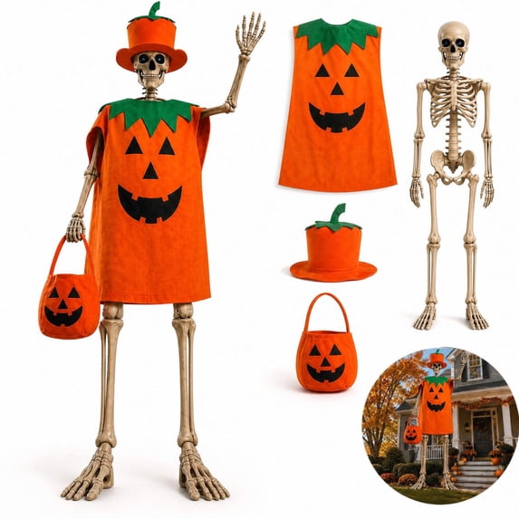 Halloween Skeleton Costume Set Pumpkin Tunic Hat and Treat Bag Large Skeleton Accessory Outfit for Yard Display Party Use