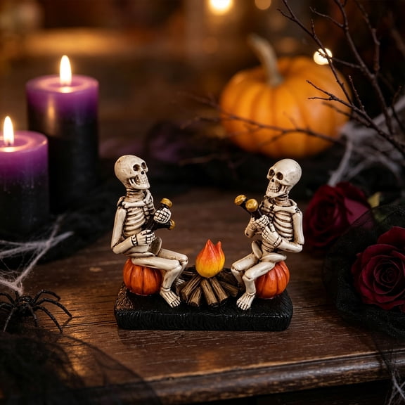 Halloween Skeleton Couple Figurine, Resin Skull Ornament With Pumpkin Bonfire Scene Vintage Detail And Stable Display Base, Halloween Decor for Mantel Table Garden Patio Entryway